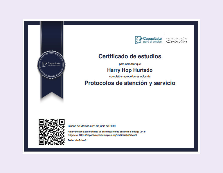 Certificado Protocolos de atencion y servicio